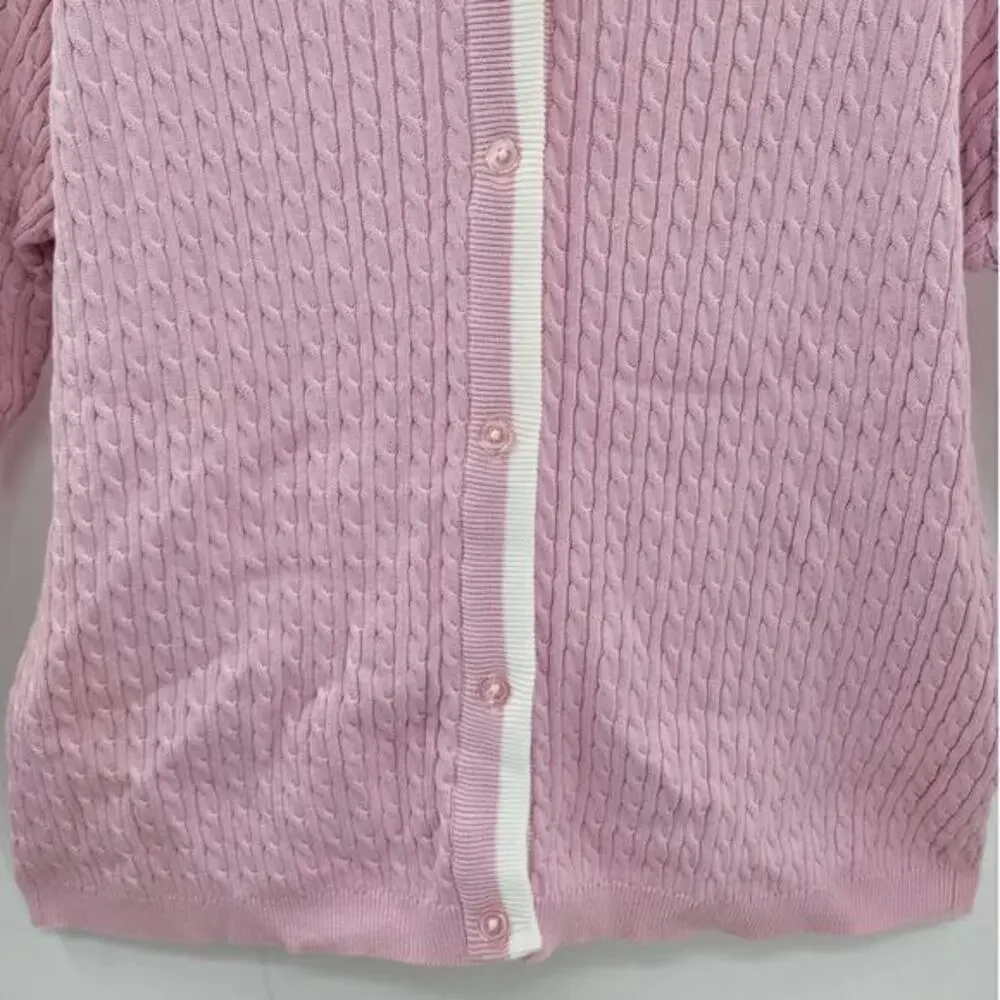 Karen Kane Golf Pink Cream Preppy Old Money Cable Knit Cardigan‎ Jacket Sweater - Picture 7 of 11